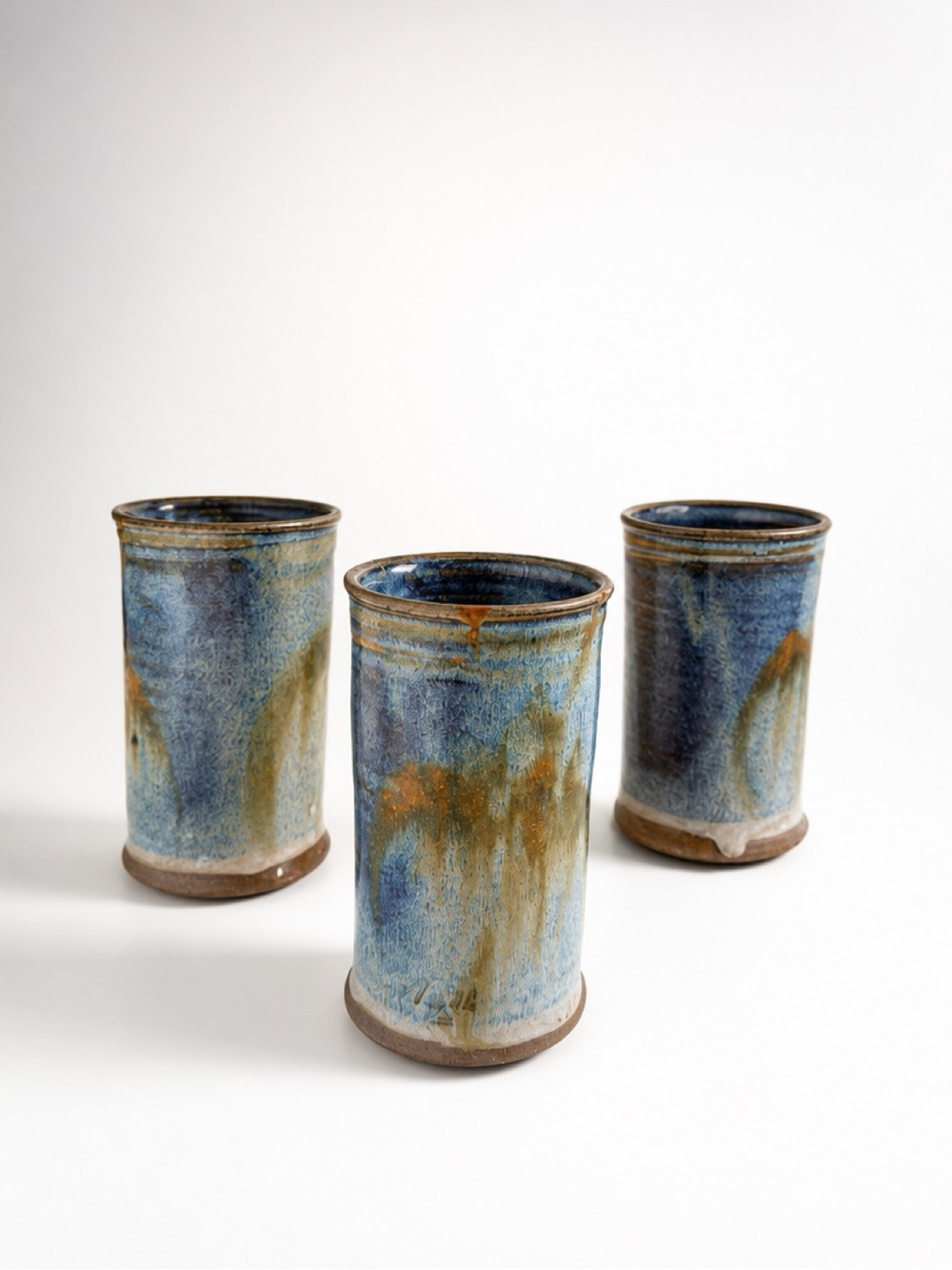 STUDIO‎ POTTERY HAND-MADE BLUE GLAZED TUMBLERS/CUPS SET/OF 3 ORGANIC MCM COASTAL
